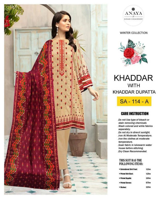 3 Piece Women's Unstitched Khaddar Embroidery Suit