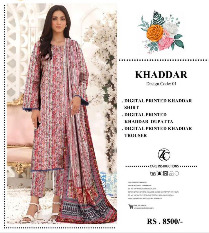 3 Piece Women's Unstitched Khaddar Embroidery Suit