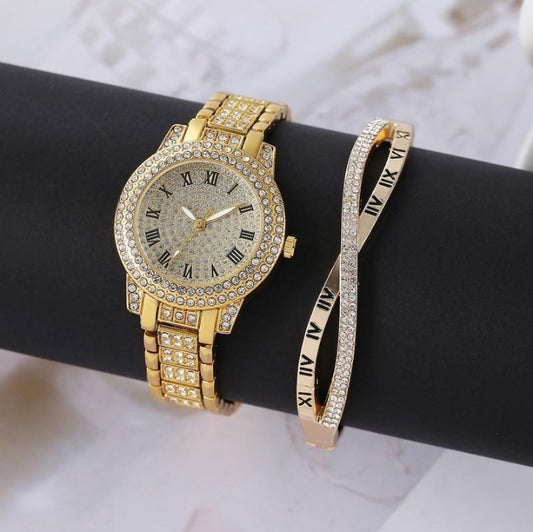 Women's Diamond Artificial Set - Roman Watch - Gold