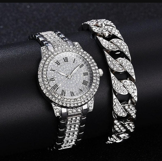 Men's Diamond Artificial Set - Roman Watch - Silver