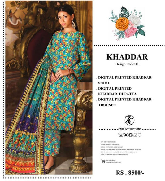 3 Pcs Women's Unstiched Khaddar Digital Print Suit