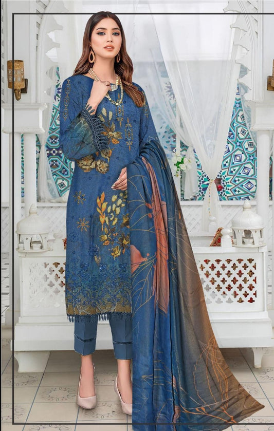 3 Pcs Embroidered Suit Set In Blue - Shamery Fabric