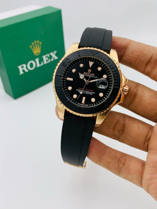 ( Golden ) Rolex Stylish Watch For Men Adjustable Rubber Strap | Heavy Master Lock | Steel Buzzle Working | ( With Normal Box )